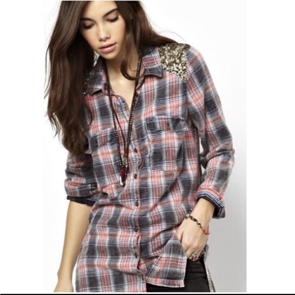 Free People Sequin Embellished Flannel Top Size XS‎